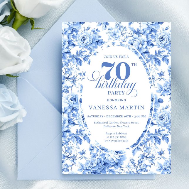Convite Dusty Blue Floral 70th Birthday Invitation (Dusty Blue Floral 70th Birthday Invitation)