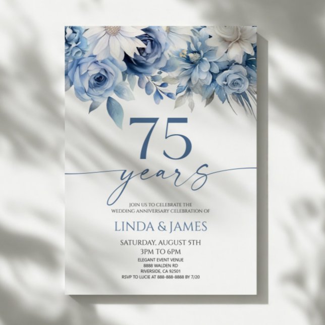 Convite Dusty Blue Floral 75th Wedding Anniversary (Criador carregado)