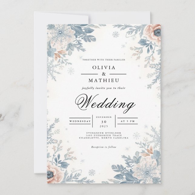 Convite Dusty Blue Floral Accent Weding (Frente)