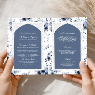 Convite Dusty Blue Floral All in One Lace Indian Weding