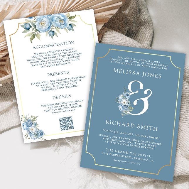 Convite Dusty Blue Floral Ampersand All in One Wedding (Criador carregado)