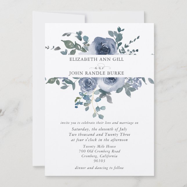 Convite Dusty Blue Floral and Grey Wedding Invitation (Frente)