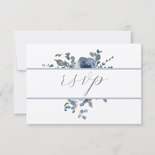Convite Dusty Blue Floral and Grey Wedding RSVP (Frente)