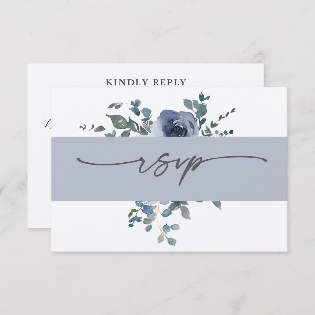 Convite Dusty Blue Floral and Grey Wedding RSVP (Frente/Verso)