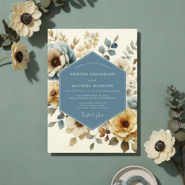 Convite Dusty Blue Floral Autumn Wedding (Criador carregado)