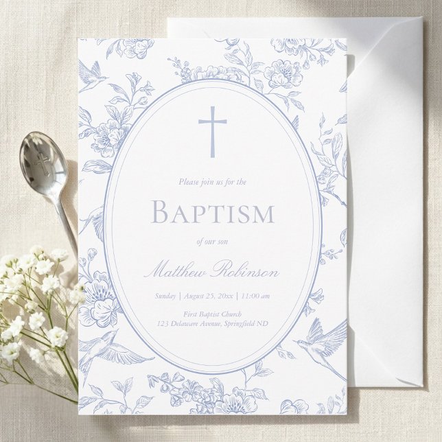 Convite Dusty Blue Floral Baptism (Criador carregado)