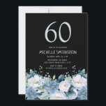 Convite Dusty Blue Floral Black 60th Birthday<br><div class="desc">Azul poeirento e floral branco no convite de aniversário 60º preto. Entre em contato comigo para obter assistência com a personalização ou para solicitar correspondência ou coordenar produtos Zazzle</div>