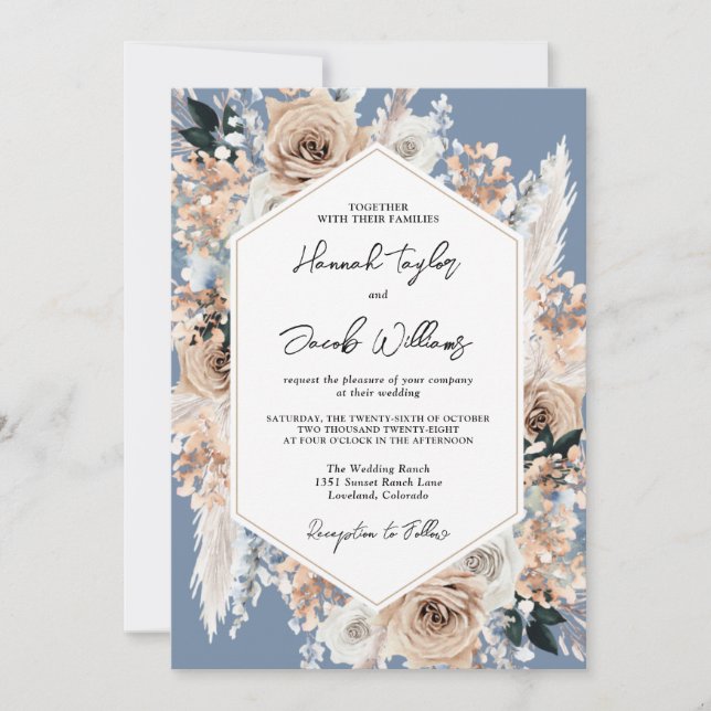 Convite Dusty Blue Floral Boho Casamento QR Código RSVP (Frente)