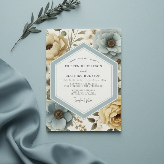 Convite Dusty Blue Floral Botanical Wedding (Criador carregado)