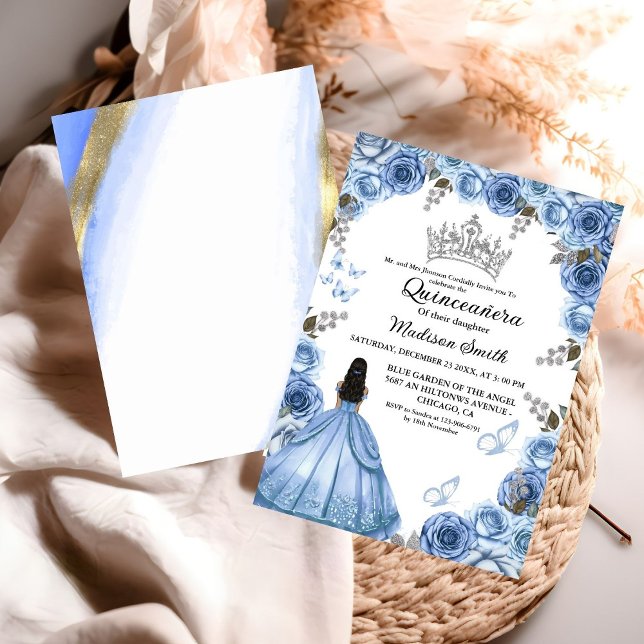 Convite Dusty Blue Floral Butterfly Girl Quinceanera (Criador carregado)