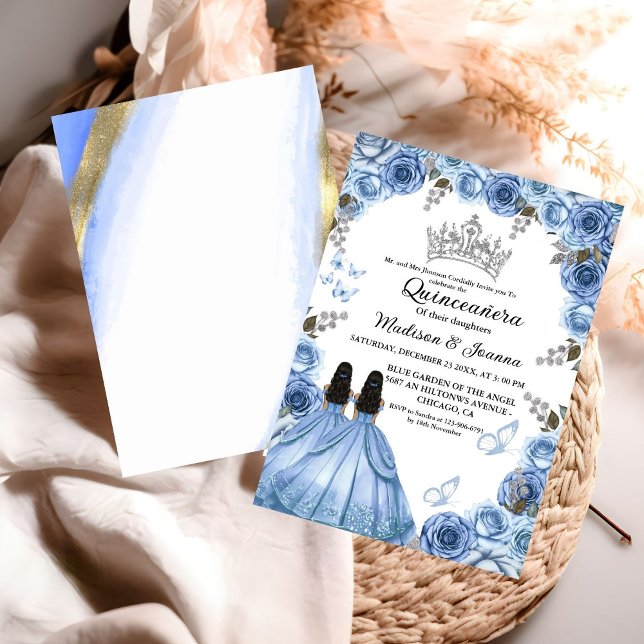 Convite Dusty Blue Floral Butterfly Twin Girl Quinceanera (Criador carregado)