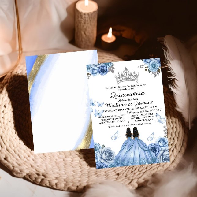 Convite Dusty Blue Floral Butterfly Twin Quinceanera (Criador carregado)