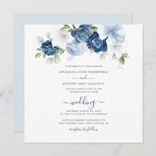Convite Dusty Blue Floral Casamento (Frente/Verso)