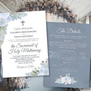 Convite Dusty Blue Floral com detalhes Casamento católico