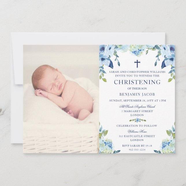 Convite Dusty Blue Floral com Photo Christening (Frente)
