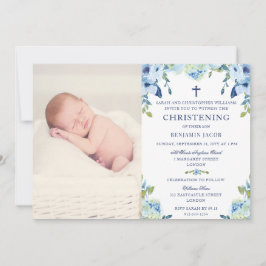 Convite Dusty Blue Floral com Photo Christening