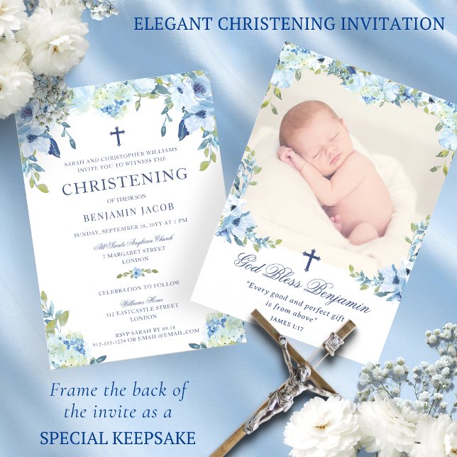 Convite Dusty Blue Floral com Photo Christening (Criador carregado)