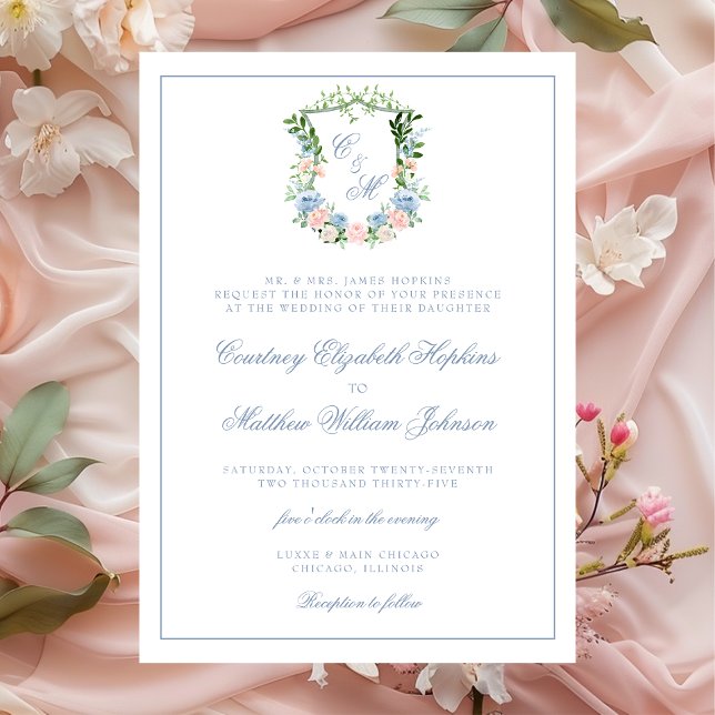 Convite Dusty Blue Floral Crest Casamento (Criador carregado)