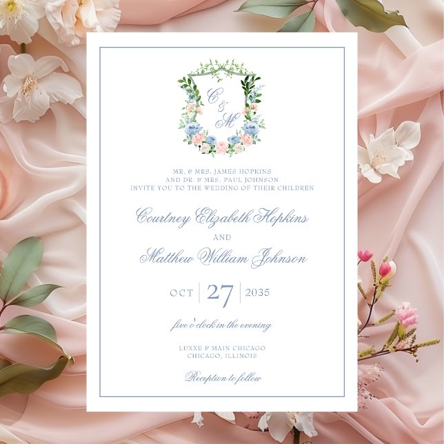 Convite Dusty Blue Floral Crest Casamento (Criador carregado)
