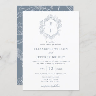 Convite Dusty Blue Floral Crest Monograma Casamento
