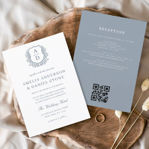 Convite Dusty Blue Floral Crest Monograma Casamento Código