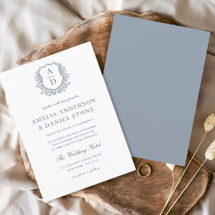 Convite Dusty Blue Floral Crest Monograma Casamento Elegan