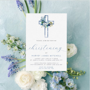 Convite Dusty Blue Floral Cross Baby Christening