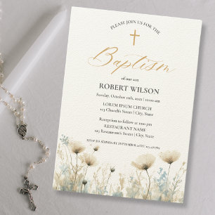 Convite Dusty Blue Floral Cross Boy Christening Baptism
