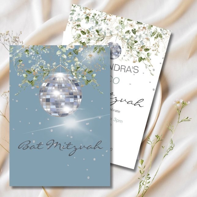 Convite Dusty Blue Floral Disco Ball Mitzvah (Criador carregado)