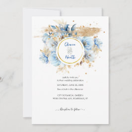 Convite Dusty Blue Floral Dourado Casamento