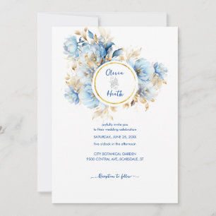 Convite Dusty Blue Floral Dourado Casamento