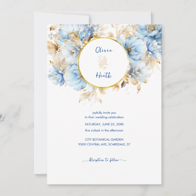 Convite Dusty Blue Floral Dourado Casamento (Frente)