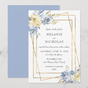 Convite Dusty Blue Floral Dourado Casamento de Quadros