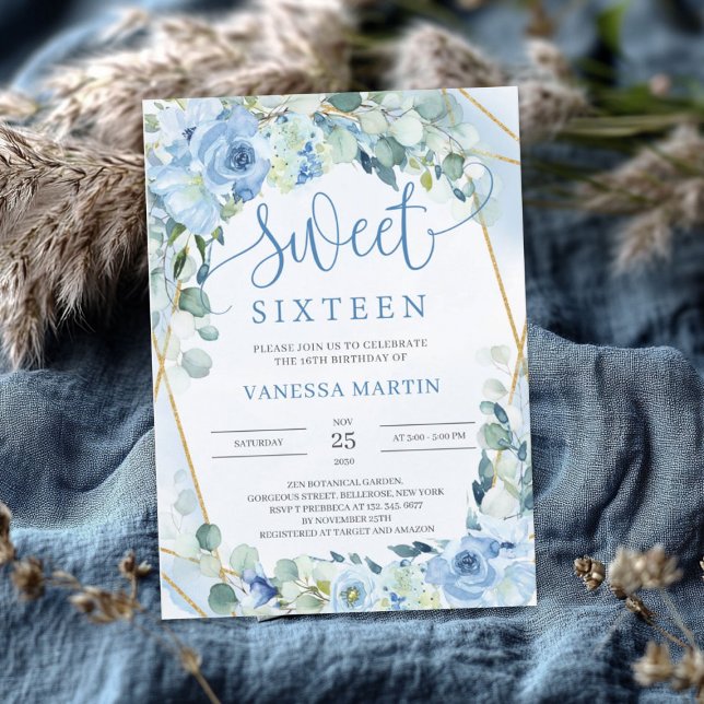 Convite Dusty Blue Floral Dourado Geométrico Doce Dezessei (Dusty Blue Floral Gold Geometric Sweet Sixteen Invitation)