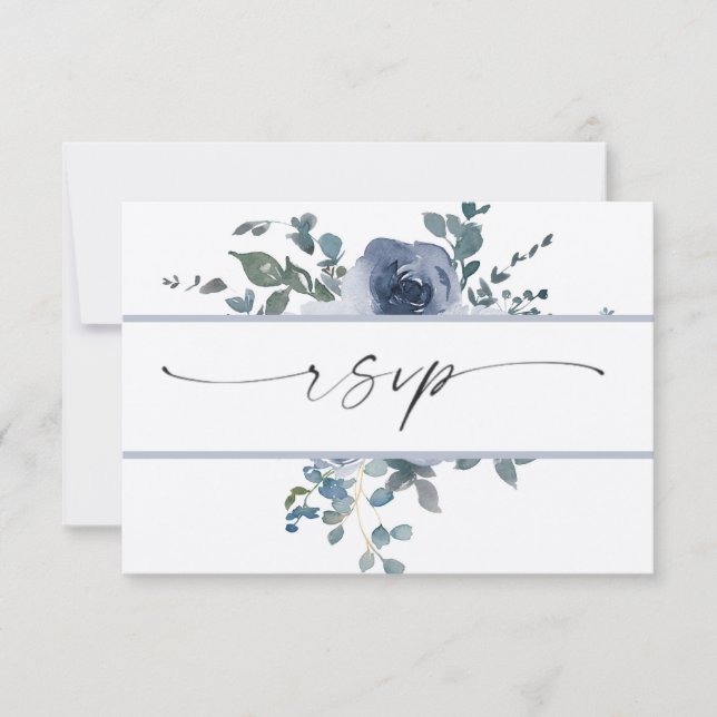 Convite Dusty Blue Floral e Black Weding RSVP (Frente)