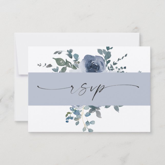 Convite Dusty Blue Floral e Black Weding RSVP (Frente)
