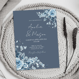 Convite Dusty Blue Floral Elegant Script Wedding 