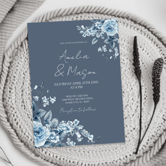 Convite Dusty Blue Floral Elegant Script Wedding  (Dusty Blue Floral Elegant Script Wedding Invitation)