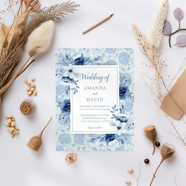 Convite Dusty Blue Floral Elegant Wedding (Criador carregado)