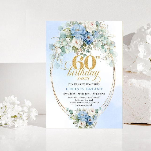 Convite Dusty Blue Floral Eucalyptus 60th Birthday Invites (Dusty Blue Floral Eucalyptus 60th Birthday Invitation)