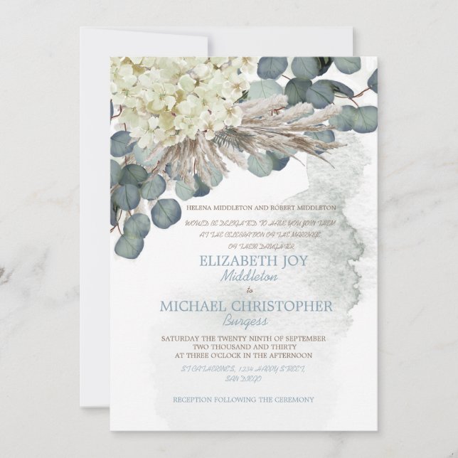 Convite Dusty Blue Floral Eucalyptus deixa casamento legan (Frente)