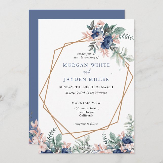 Convite Dusty Blue Floral Frame Dourado Geométrico Casamen (Frente/Verso)