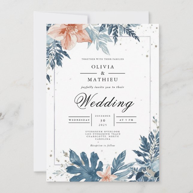 Convite Dusty Blue Floral Frame Wedding (Frente)
