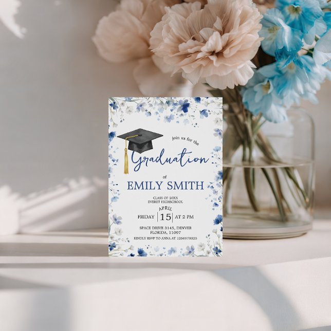 Convite Dusty Blue Floral Graduation Party Invite (Criador carregado)