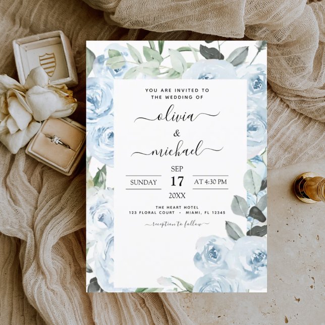 Convite Dusty Blue Floral Greenery Casamento (Criador carregado)