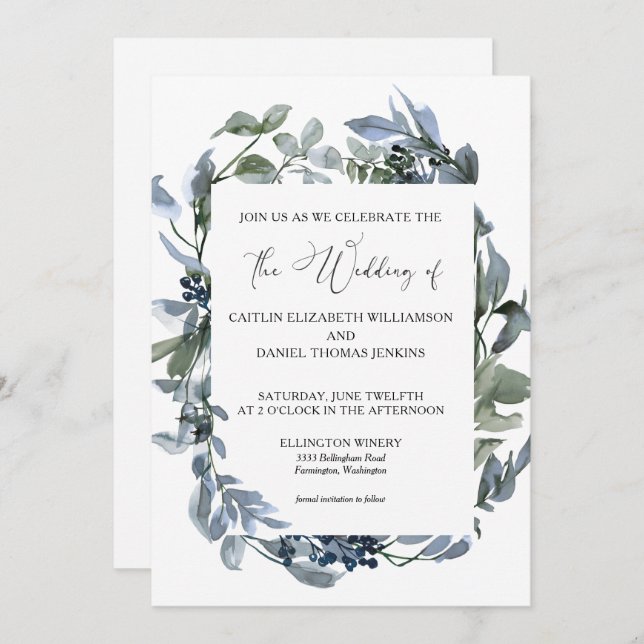 Convite Dusty Blue Floral Greenery Wreath Casamento (Frente/Verso)