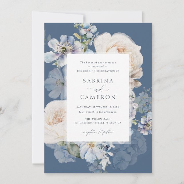 Convite Dusty Blue Floral Hydrangea Rosas Casamento (Frente)