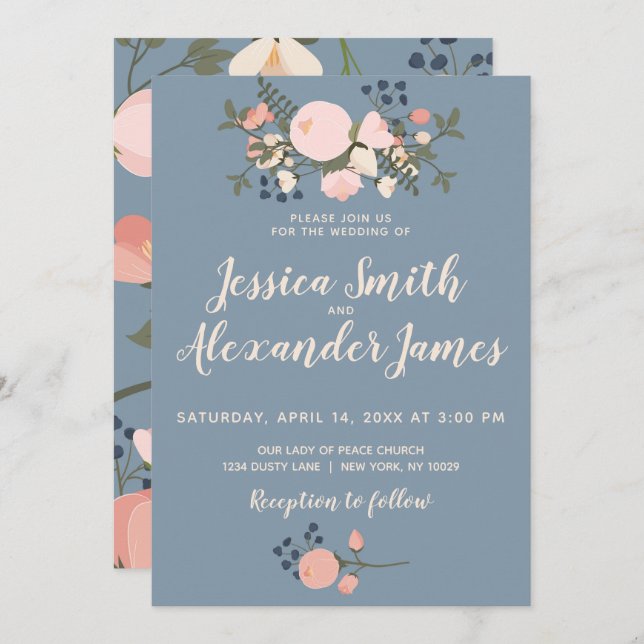 Convite Dusty Blue Floral Invitation Blush Pink (Frente/Verso)
