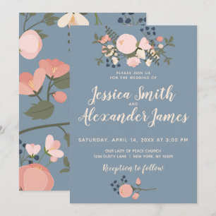 Convite Dusty Blue Floral Invitation Blush Pink