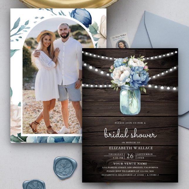 Convite Dusty Blue Floral Mason Jar Chá de panela de madei (Criador carregado)